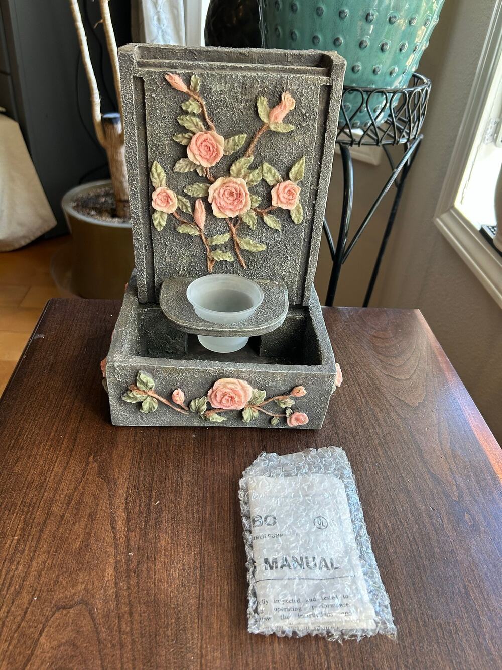 Stone wall tabletop water fountain pink roses and green leaves 11”